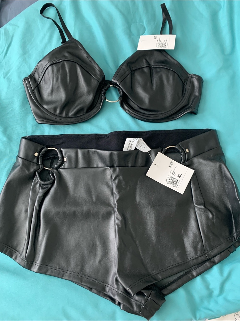 Forever 21 Black Faux Leather Bra and High-Waist Shorts Set
